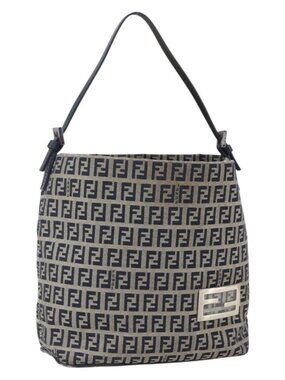 Authentic FENDI Zucchino Canvas Shoulder Bag Navy Silver